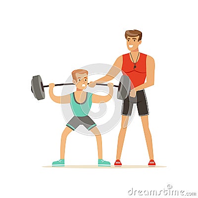 Professional fitness coach man exercising with a barbell, people exercising under control of personal trainer vector Vector Illustration