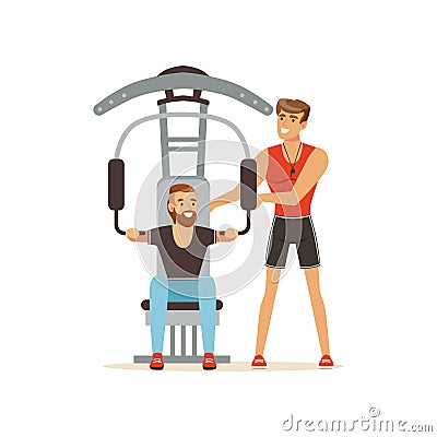 Professional fitness coach and man flexing muscles on trainer gym machine, people exercising under control of personal Vector Illustration