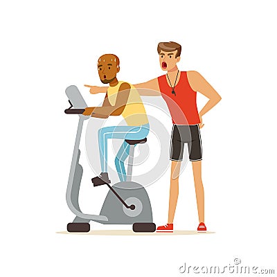 Professional fitness coach and man working out on exercise bike, people exercising under control of personal trainer Vector Illustration