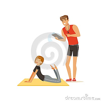 Professional fitness coach with training plan and young woman doing fitness exercises on a mat, people exercising under Vector Illustration