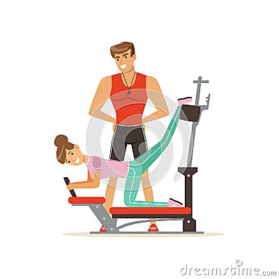 Professional fitness coach and woman exercising on trainer gym machine, people exercising under control of personal Vector Illustration