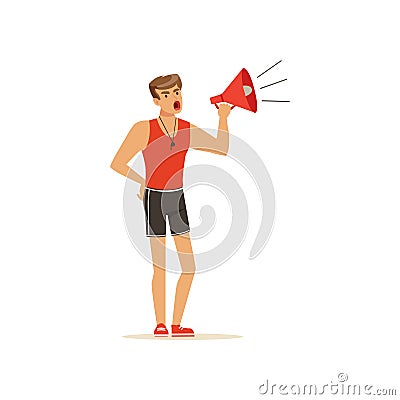 Professional fitness coach yelling with megaphone vector Illustration Vector Illustration
