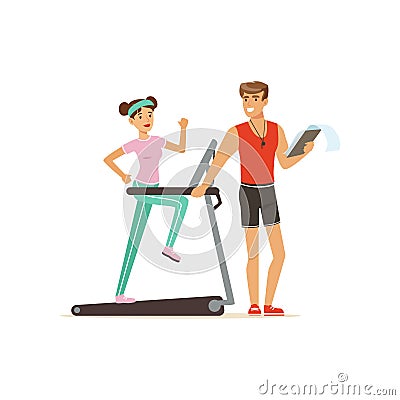 Professional fitness coach and young woman running on thread mill, people exercising under control of personal trainer Vector Illustration