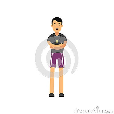 Cartoon professional fitness trainer standing with arms crossed on white Vector Illustration