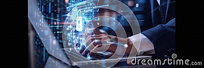 A professional is focused on improving data security while using a laptop in a technology-driven workspace, ensuring Stock Photo