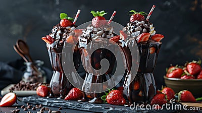 Professional food photography of three chocolate and strawberry milkshakes arranged beautifully Stock Photo