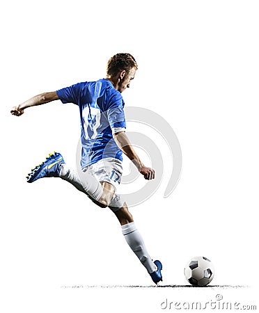 Professional football soccer player in action isolated white background Stock Photo