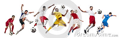 Professional men - football soccer players with ball isolated white studio background Stock Photo