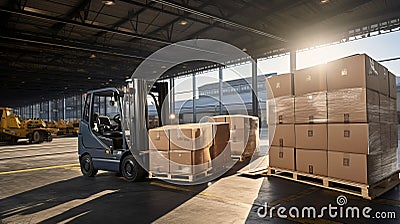 Professional forklift stacker loader operator loading cardboard boxes in a spacious warehouse Stock Photo