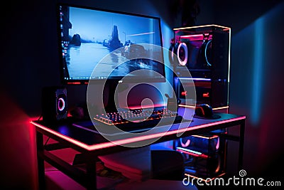 Professional gaming equipment. Video game console, keyboard, mouse, joystick and headphones on dark background, Generative AI Stock Photo