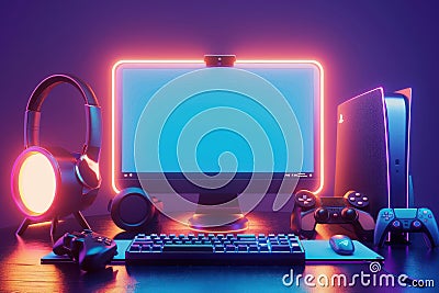 Professional Gaming Setup with Neon Lights. High-performance gaming computer, console, controllers, keyboard, and Stock Photo