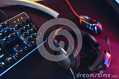 Professional gaming and streaming setup in neon color Stock Photo