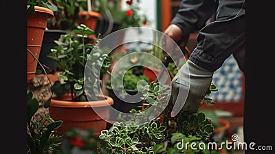 A Professional gardener taking care of costumer's plants, pruning a lovely plant Stock Photo