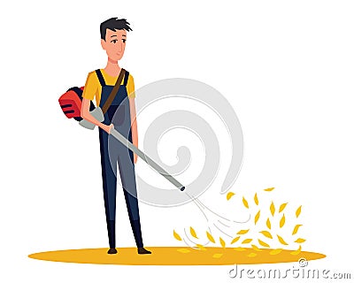 Professional gardener working on backyard in autumn. Male handyman cleaning ground and collecting leaves with garden Vector Illustration