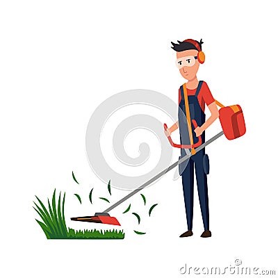 Professional gardener working on backyard and mowing lawn with electric mower. Male handyman cutting grass in garden Vector Illustration