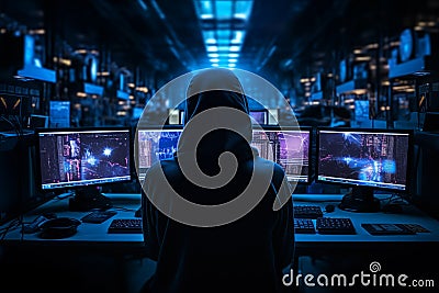 A professional hacker, hooded and enigmatic, seated in front of a bank of multiple computer screens Stock Photo