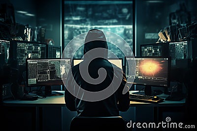 A professional hacker, hooded and enigmatic, seated in front of a bank of multiple computer screens Stock Photo