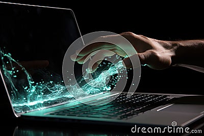 Professional hackers are using laptops in planning attacks against company-owned sites. Generative AI Stock Photo
