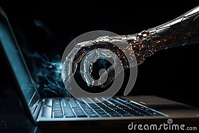Professional hackers are using laptops in planning attacks against company-owned sites. Generative AI Stock Photo