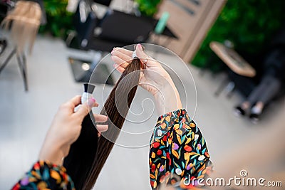 Professional hairdresser demonstrating hair samples for extension in beauty salon Stock Photo