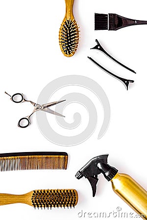 Professional hairdresser equipment on white background top view vertical Stock Photo