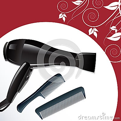 Professional hairdryer and two combs Vector Illustration