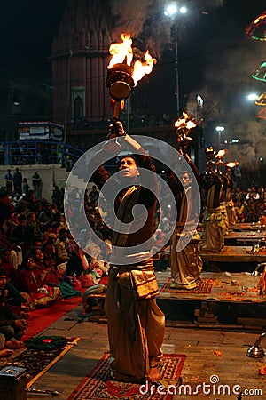 Professional Hindu priests worship at Varanasi, India Editorial Stock Photo