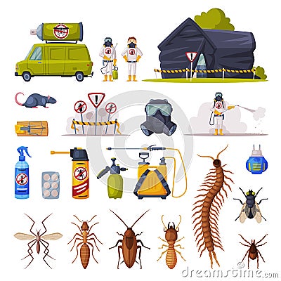 Professional Home Pest Control Service Set, Exterminator Wearing Protection Uniform with Exterminating and Protecting Vector Illustration