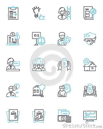 Professional indemnity linear icons set. Coverage, Liability, Insurance, Lawsuit, Claim, Negligence, Protection line Vector Illustration