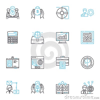 Professional indemnity linear icons set. Coverage, Liability, Insurance, Lawsuit, Claim, Negligence, Protection line Vector Illustration