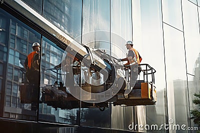 A professional industrial climber washes a window on a lifting platform. Generative AI Cartoon Illustration