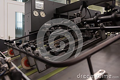 Professional Industrial Printer Equipment Mechanism Machine Mechanical Press Detail Roller Conveyor Lever Stock Photo