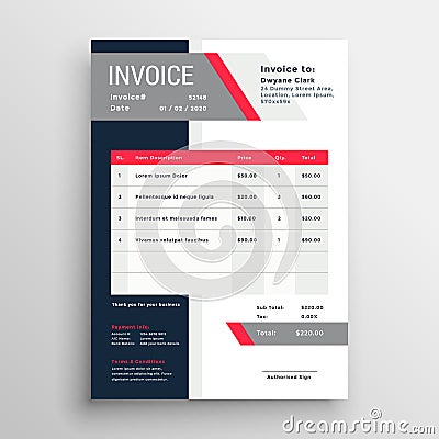 Professional invoice template in red theme Vector Illustration