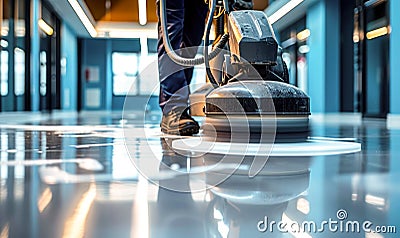 Professional janitorial staff using an industrial floor buffer machine for cleaning and polishing the hallway of a modern Stock Photo