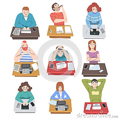 Professional Journalist at Desk Writing Article or Post on Laptop and Typewriter Vector Illustration Set Vector Illustration