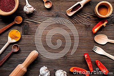 Professional kitchen with spices for cook on wooden background top view mockup Stock Photo