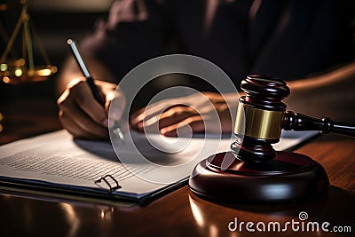 professional lawyer presenting signed contract with gavel legal counsel, justice, and law concept Stock Photo