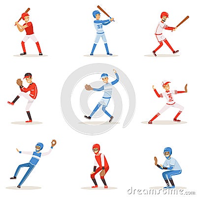 Professional League Baseball Players On The Field Playing Baseball, Sportsmen In Uniform Set Of Vector Illustrations. Vector Illustration