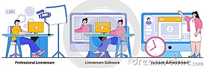 Professional livestream, software and account administrator concept with tiny people. Online live event vector illustration set. Vector Illustration