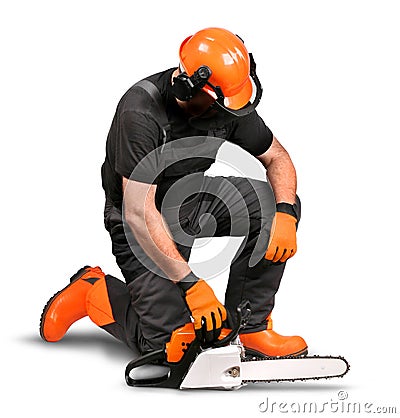 Professional logger resting safety gear Stock Photo