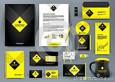 Professional luxury universal branding design kit for jewelry shop, cafe, restaurant, hotel. Golden style with yellow. Vector Illustration