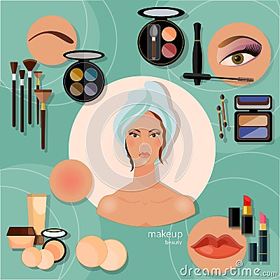 Professional make-up beautiful woman face model face skin makeup Vector Illustration