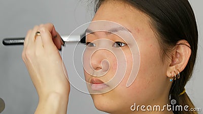 Professional Makeup Artist Applies Foundation Concealer Or Highlighter To Asian Korean Model S Face With Special Brush Stock Footage Video Of Cosmetics Highlighter