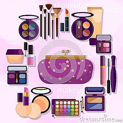 Professional makeup beauty glamor eyeshadow mascara blush powder Vector Illustration