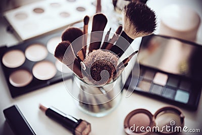 Professional makeup brushes and tools, make-up products set Stock Photo