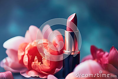 Professional makeup cosmetics, lipstick tube, pink background natural flowers. Beauty concept, decorative professional Cartoon Illustration