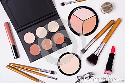 Professional makeup tools, flatlay on white background Stock Photo