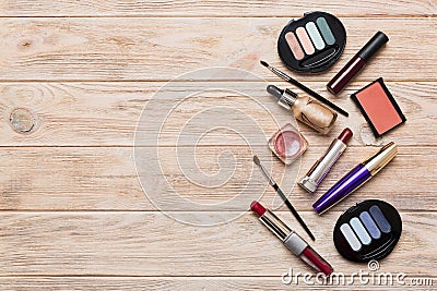 Professional makeup tools. Top view. Flat lay. Beauty, decorative cosmetics. Makeup brushes set and color eyeshadow Stock Photo