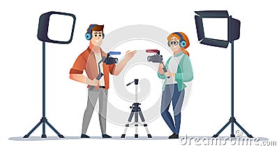 Professional male and female videographer holding camera stabilizer in studio Vector Illustration