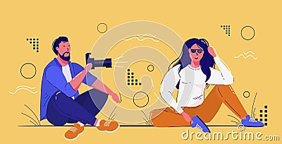 Professional male photographer using digital dslr camera shooting beautiful girl model posing for photo fashion shoot Vector Illustration